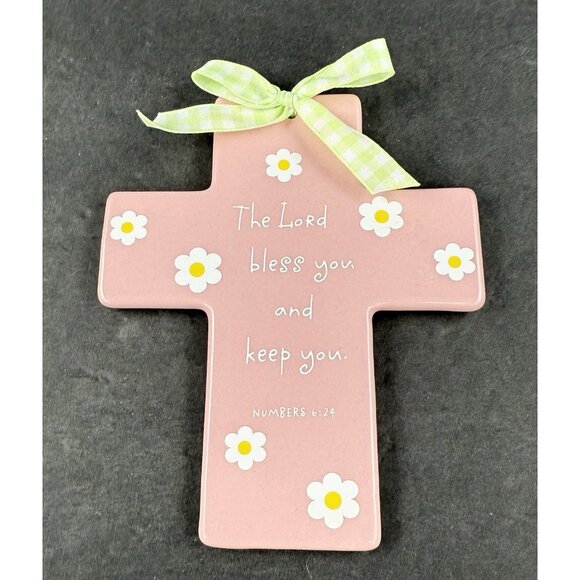 Hallmark Ceramic Cross Pink With Flowers Girl Baptism Baby Gift Nursery Decor - Picture 1 of 6